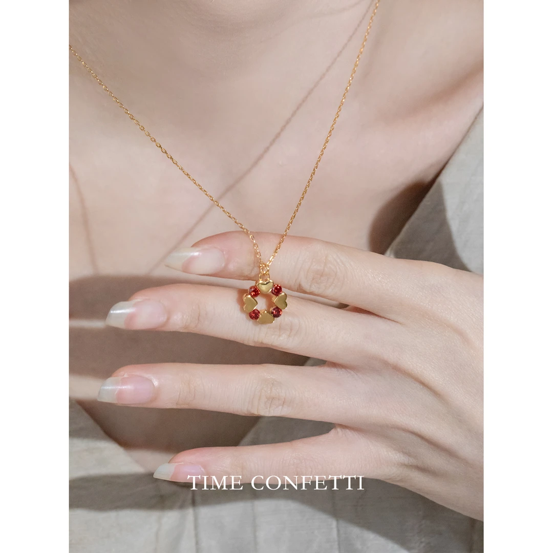 坠链均925银 镀K金【孙二娘】简约气质法式红色圆环坠项链TC 10034