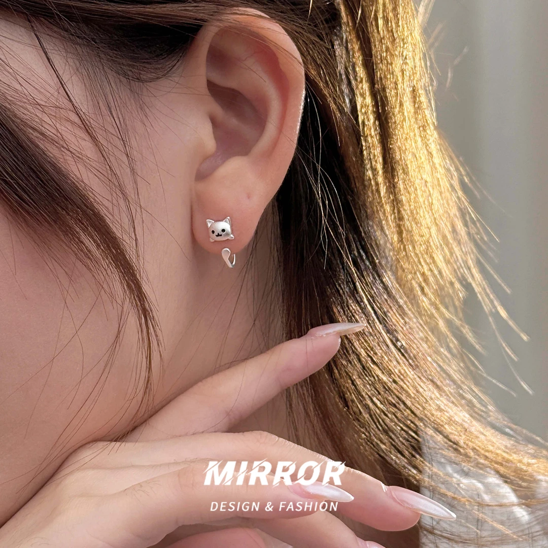 小麋人 足银耳饰 CE9507童趣猫咪后挂耳钉女耳环耳饰ins风轻奢
