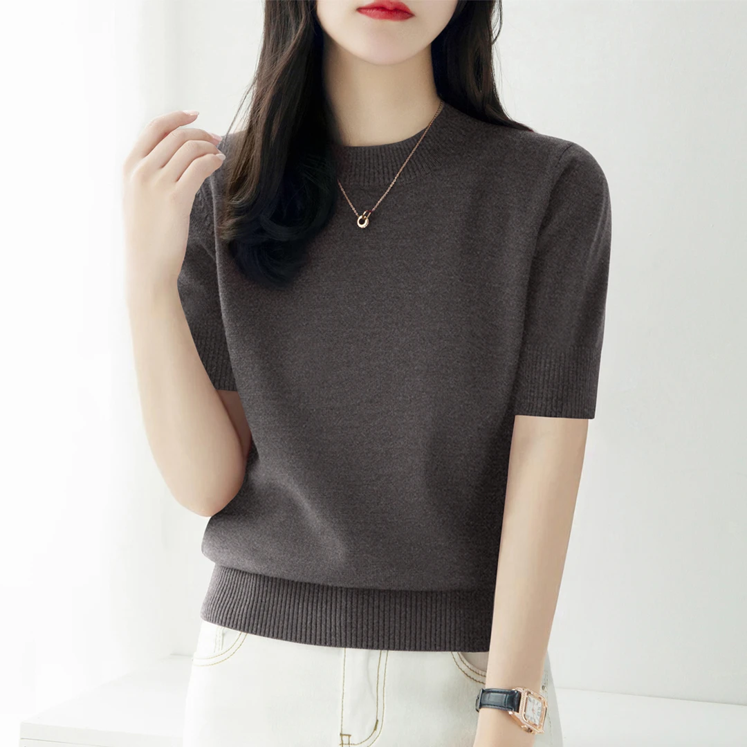 2025年气质圆领百搭内搭打底女装新款秋季中袖简约宽松上衣针织衫
