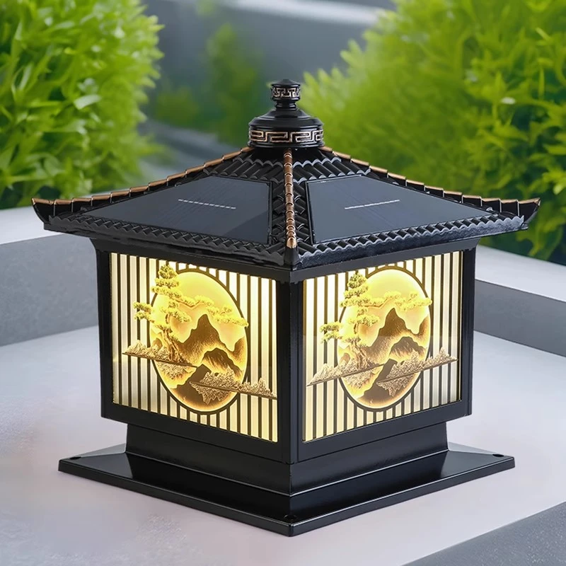 太阳能新中式柱头灯围墙灯户外防水大门柱子灯室外花园别墅庭院灯