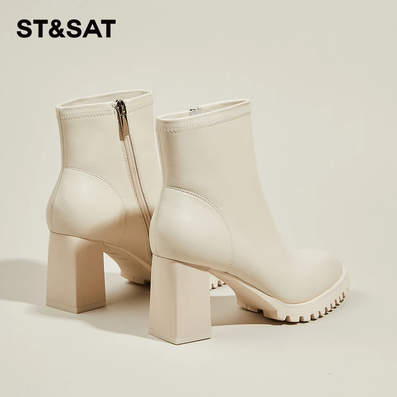 星期六真皮法式尖头高跟短靴女2025年秋冬季加绒小个子增高瘦瘦靴