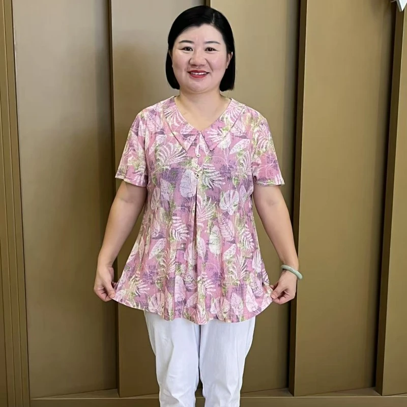 240斤大码妈妈装夏季新款加大加肥高弹力时尚洋气减龄印花上衣