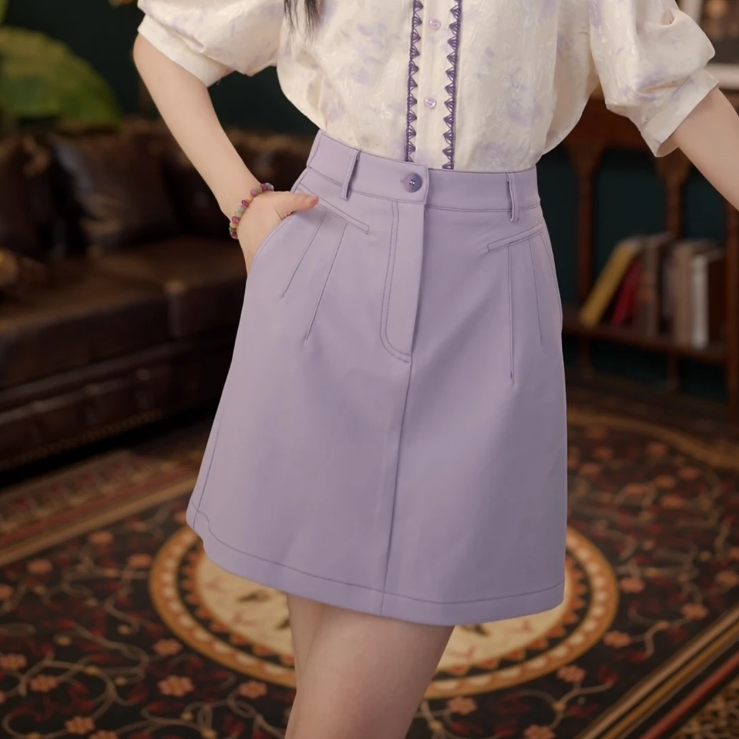 琦琦【云烟静影】温柔风短裙女夏季高腰A字显瘦西装裙YE0706539