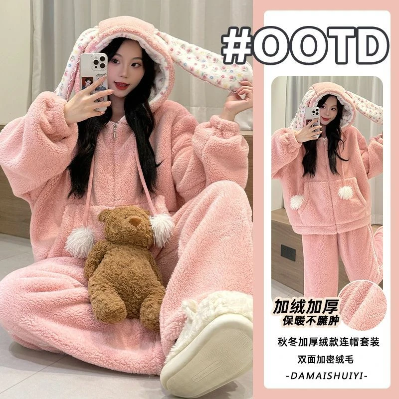 可外穿睡衣女款爆款2025新款冬季加绒加厚保暖舒适长袖套装家居服