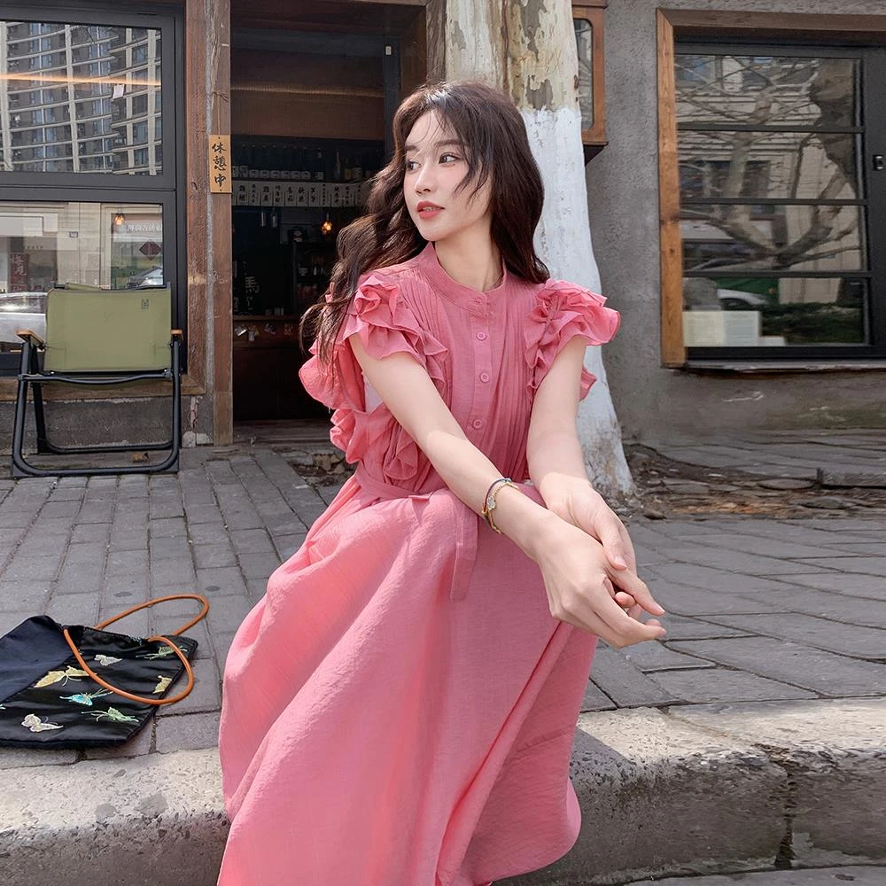 玫红色设计感花边小飞袖连衣裙女夏季韩系独特漂亮气质收腰衬衫裙