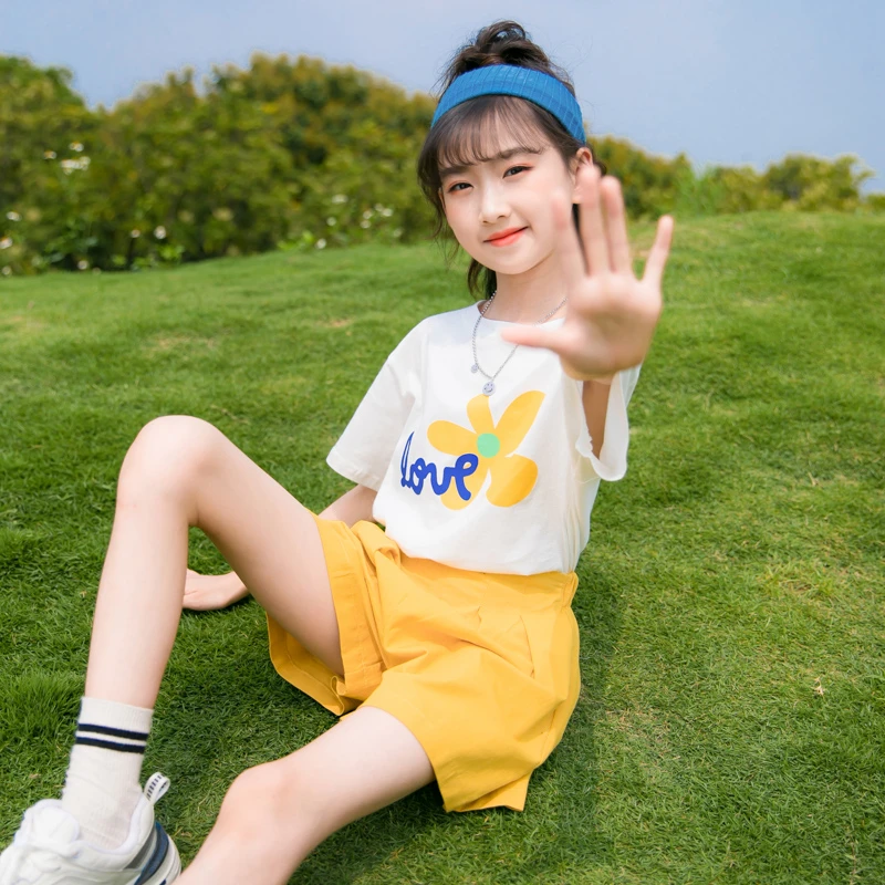 女童欧若风夏季套装新款大童网红洋气女孩短袖休闲夏季短裤两件套