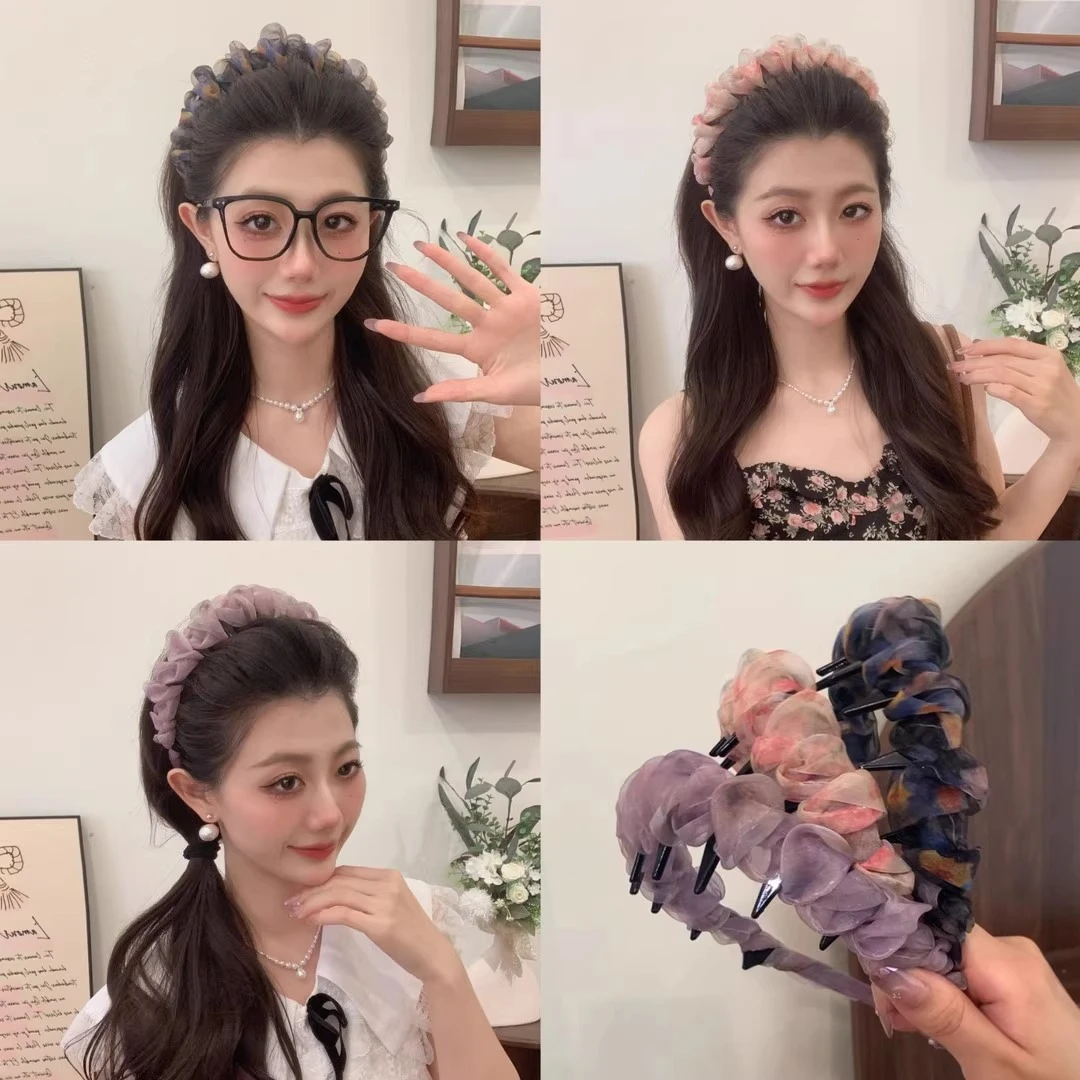 【炫彩渐变】超仙褶皱网纱波浪发箍女夏季带齿防滑高颅顶头箍