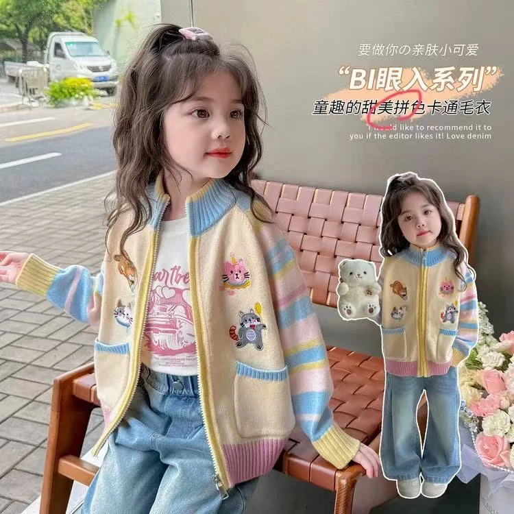 2025新款日韩常规休闲毛衣秋季绣花半高领猫咪卡通开衫