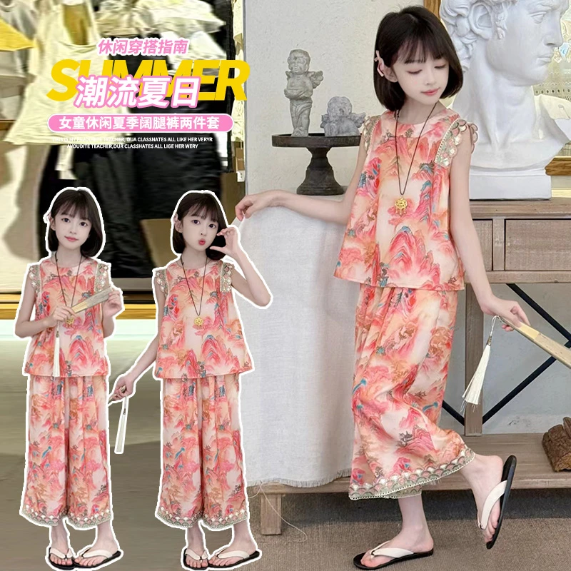 夏季薄款女童中国风时尚两件套夏天大童公主风薄款花边九分裤套装