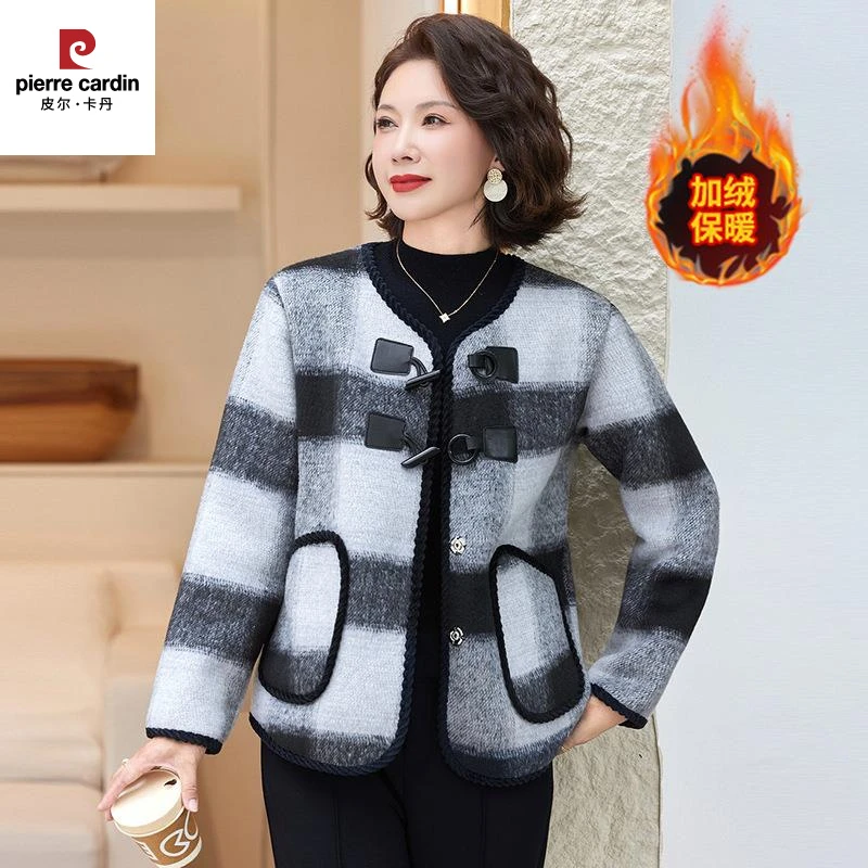 皮尔卡丹中年妈妈装秋冬气质短款外套40岁中年加绒加厚毛呢小香风