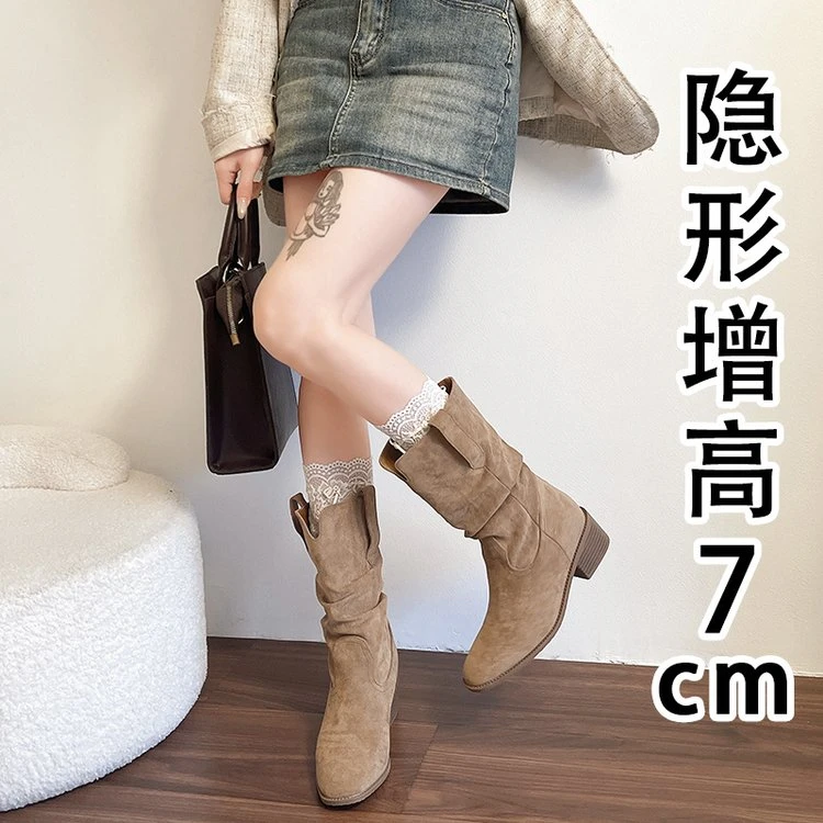 杰凡漾褶皱堆堆靴2025新款夏季粗跟V口显瘦百搭中筒美式复古