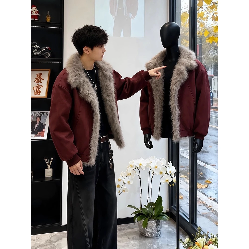 酒红色毛领座山雕外套男冬季短款高级感痞帅加厚仿麂皮水貂绒棉服