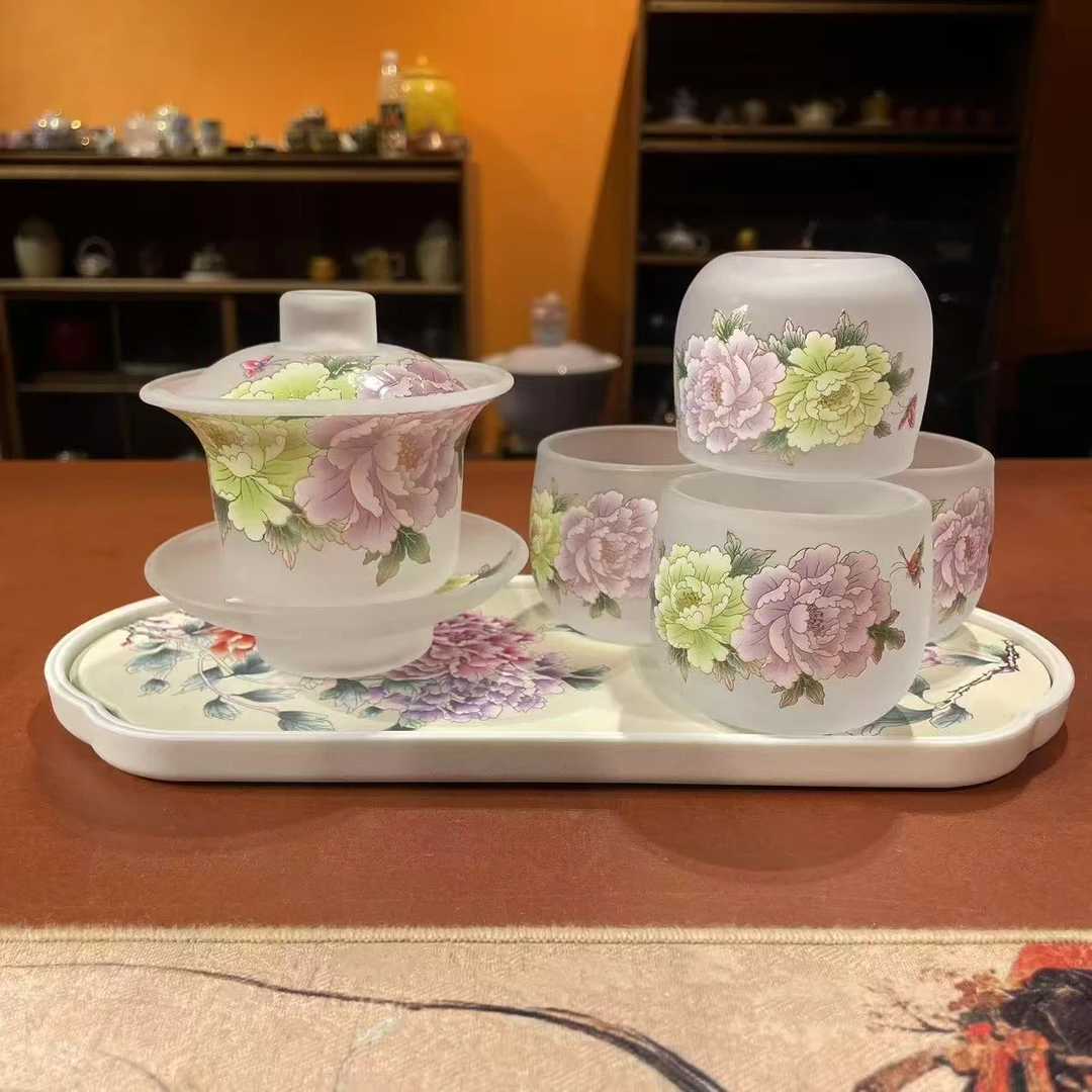 桃子茶器 璞鸣堂绿紫牡丹磨砂（盖碗）+2圆身客杯+吸水干泡盘-2812