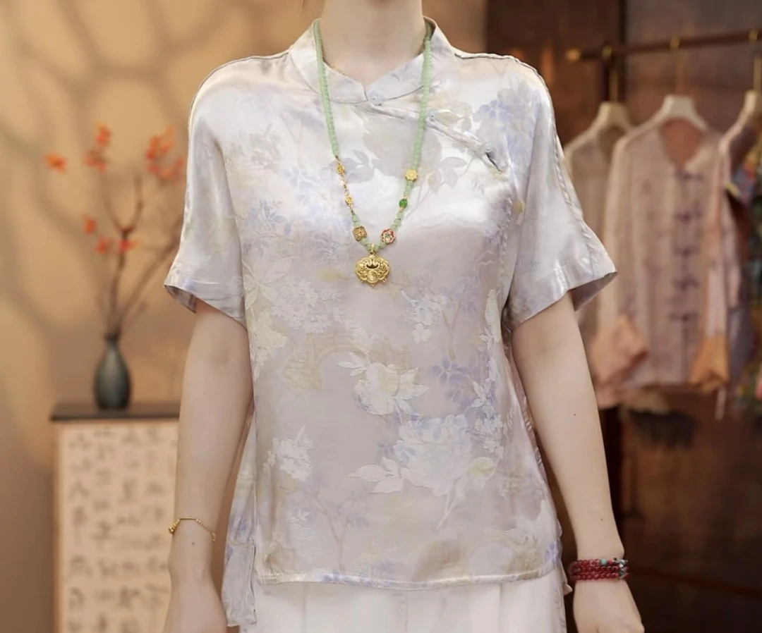 【兰亭序小衫】夏新款提花复古气质百搭小衫T恤女0073