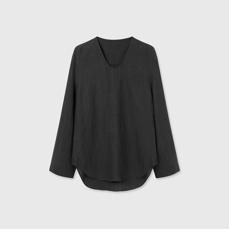 白弓BAIGONG/2025新款文艺松弛感U领透气亚麻长袖衬衣53590X