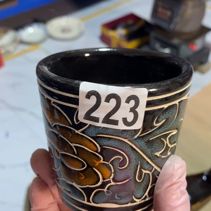 瓷片磁州窑黑刻填彩茶杯微瑕疵