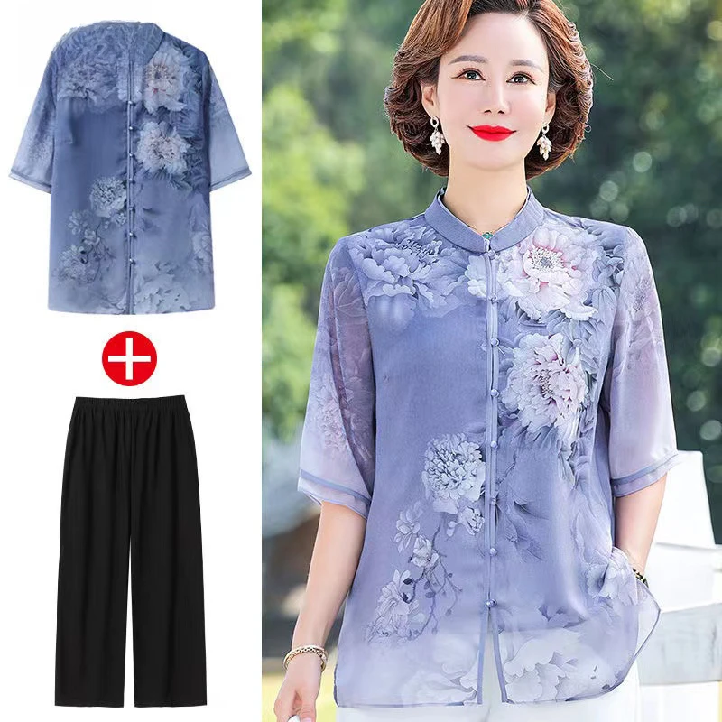 2025新款妈妈夏装两件套中老年女装夏季复古印花上衣中年洋气套装