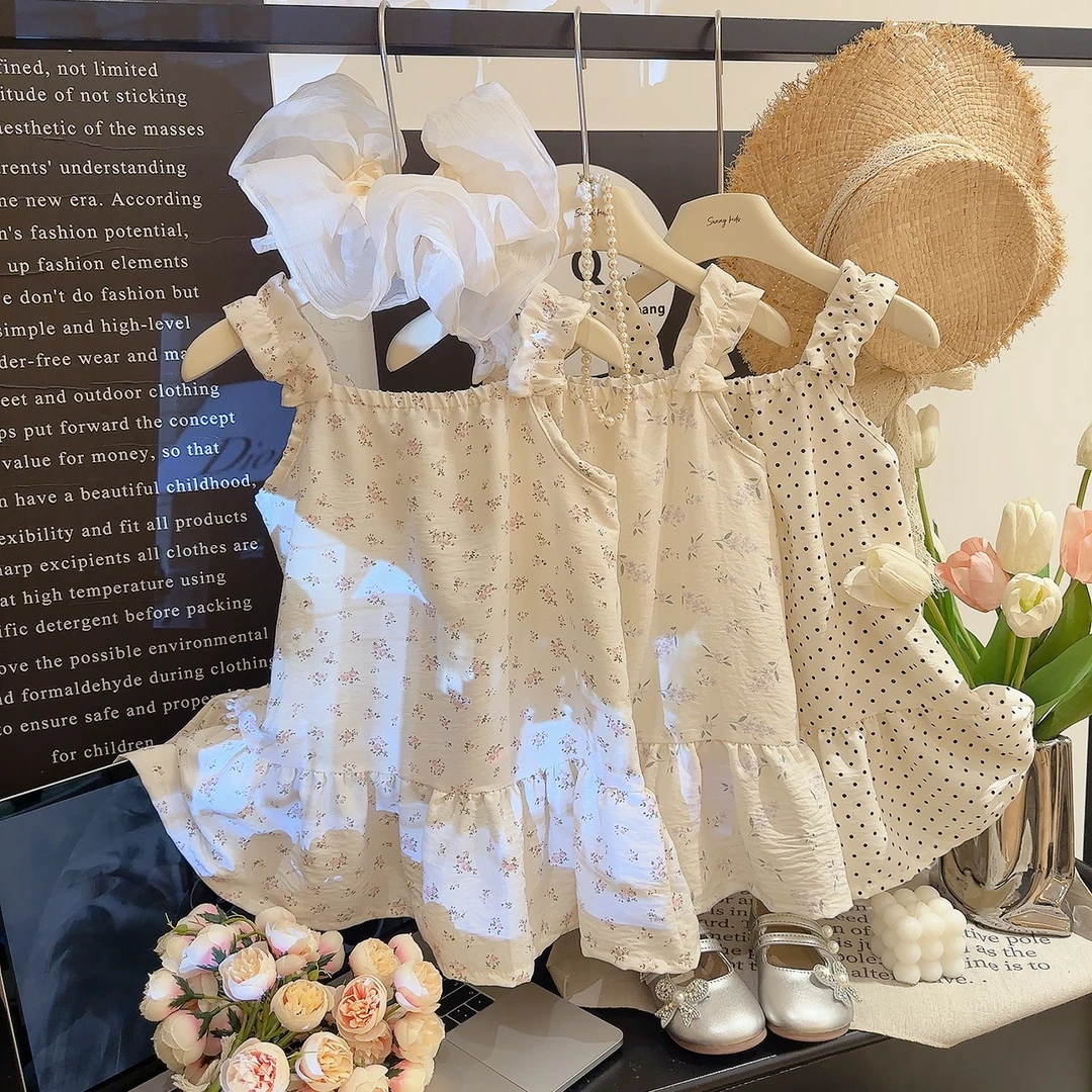 小清新女童夏季碎花吊带背心连衣裙公主ins风波点碎花连衣裙