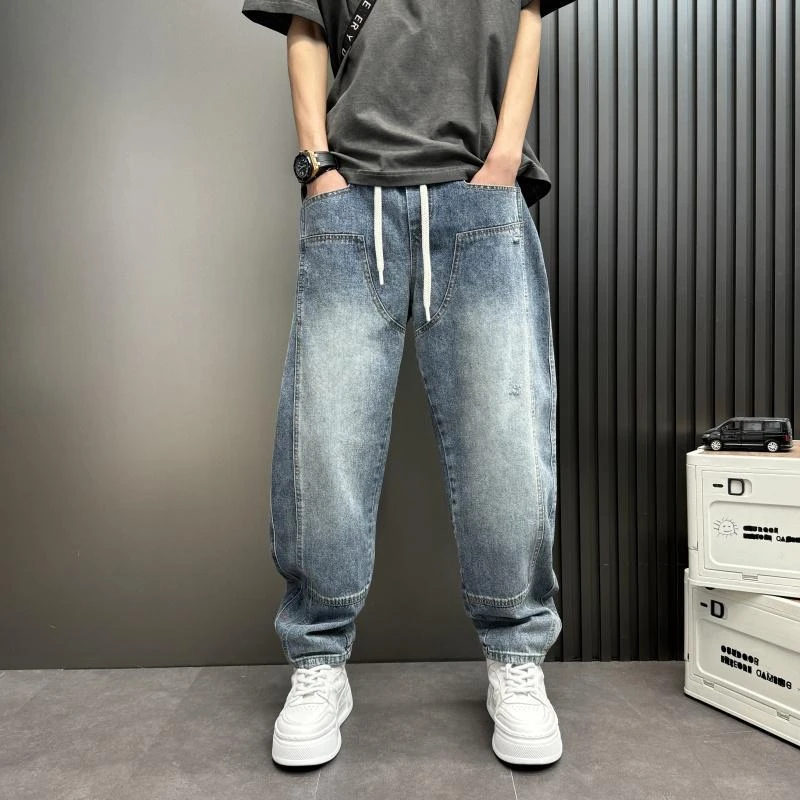 秋冬新款男士哈伦裤阔腿弯刀牛仔裤宽松直筒拖地裤子大码潮流百搭