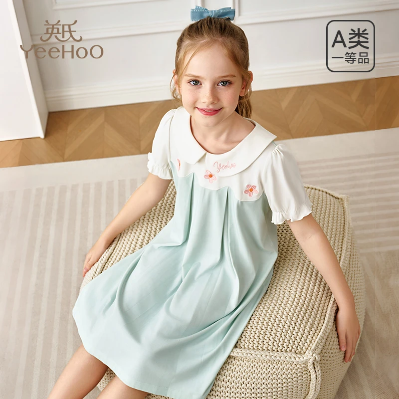 英氏儿童睡裙夏季薄款短袖家居服小女孩洋气公主裙新中式连衣裙