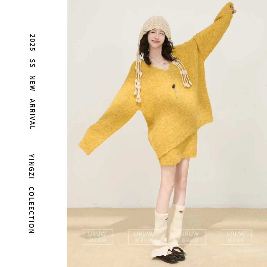 颖子定制【预谋邂逅】慵懒休闲风宽松纯色毛衣秋冬通勤百搭短裙9908