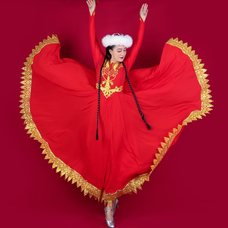 新疆舞蹈服新款高定重工刺绣720大摆金凤绣花连衣裙