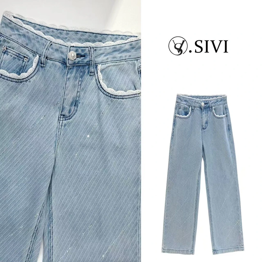 熙薇【沉鱼落雁】春季新款时尚休闲直筒蕾丝拼接牛仔裤H1189