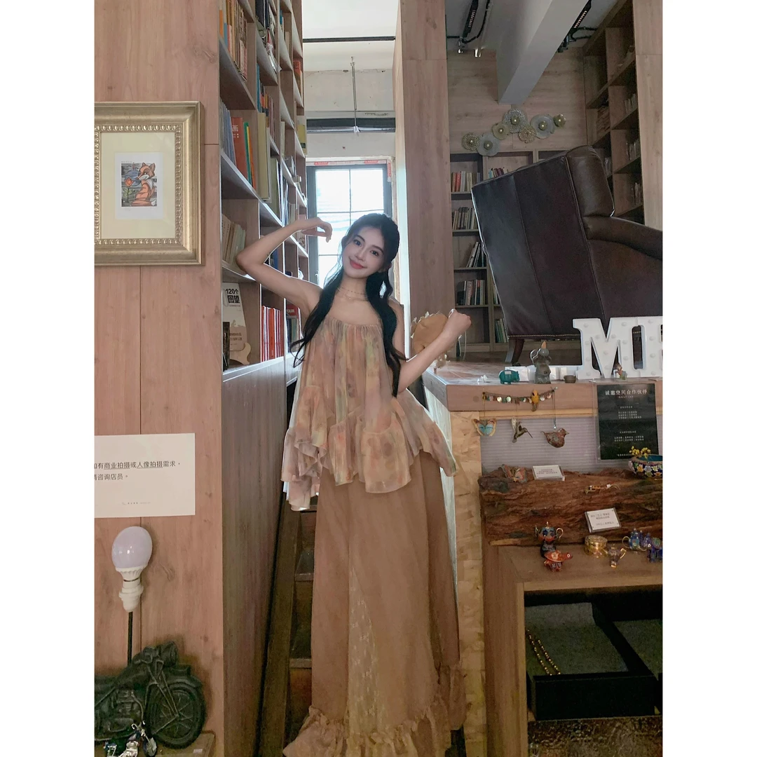 香印 彩虹糖·宽松设计感海边晕染彩虹网纱仙女A摆吊带上衣夏女