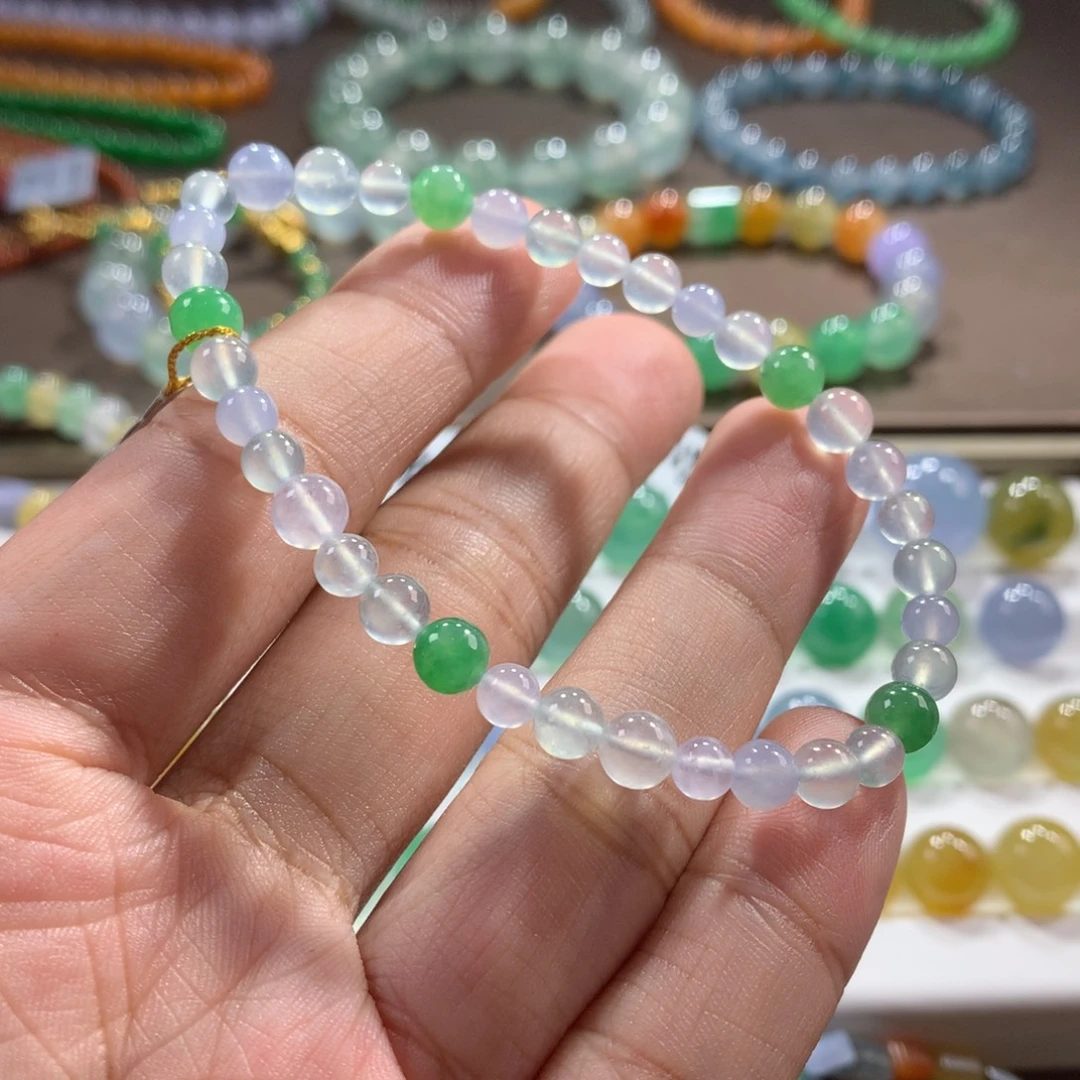 翡翠未镶嵌手链高冰玻幻彩单圈卡4.5~5.5