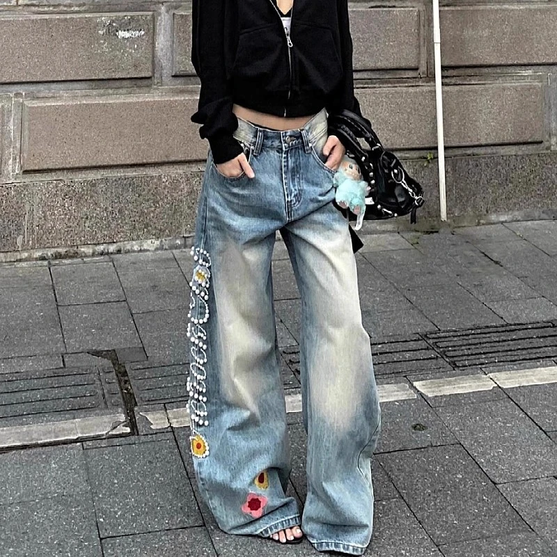 美式甜辣风秋冬复古小众设计长裤刺绣女款爆款牛仔裤低腰显瘦裤子