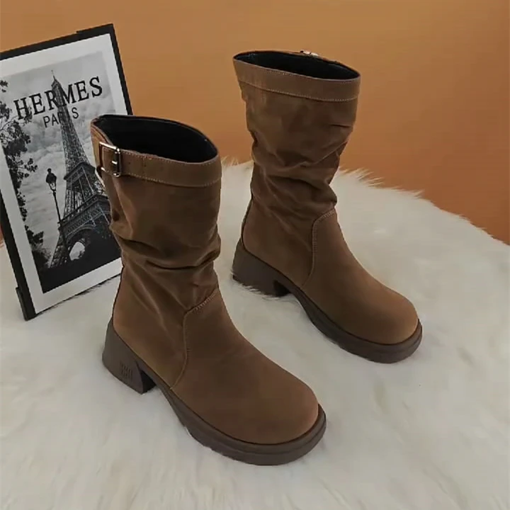 中筒褶皱骑士堆堆靴2024年秋冬新款厚底复古英伦圆头显瘦马丁靴女