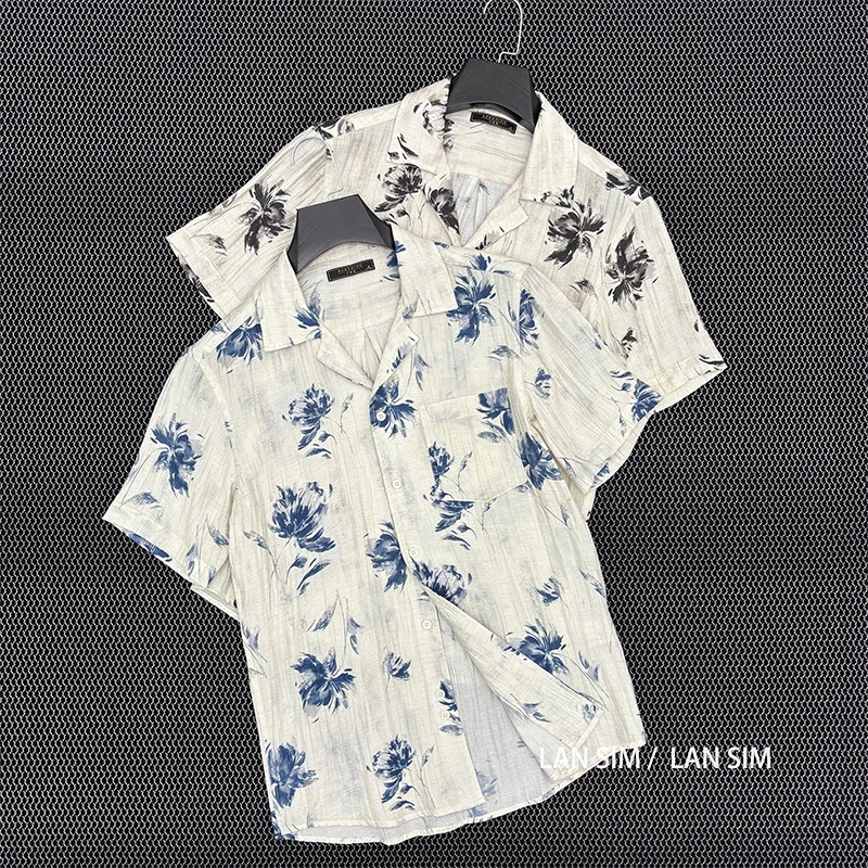 LANSIM·夏季新款亚麻沙滩衬衣男士夏威夷度假休闲上衣短袖花衬衫