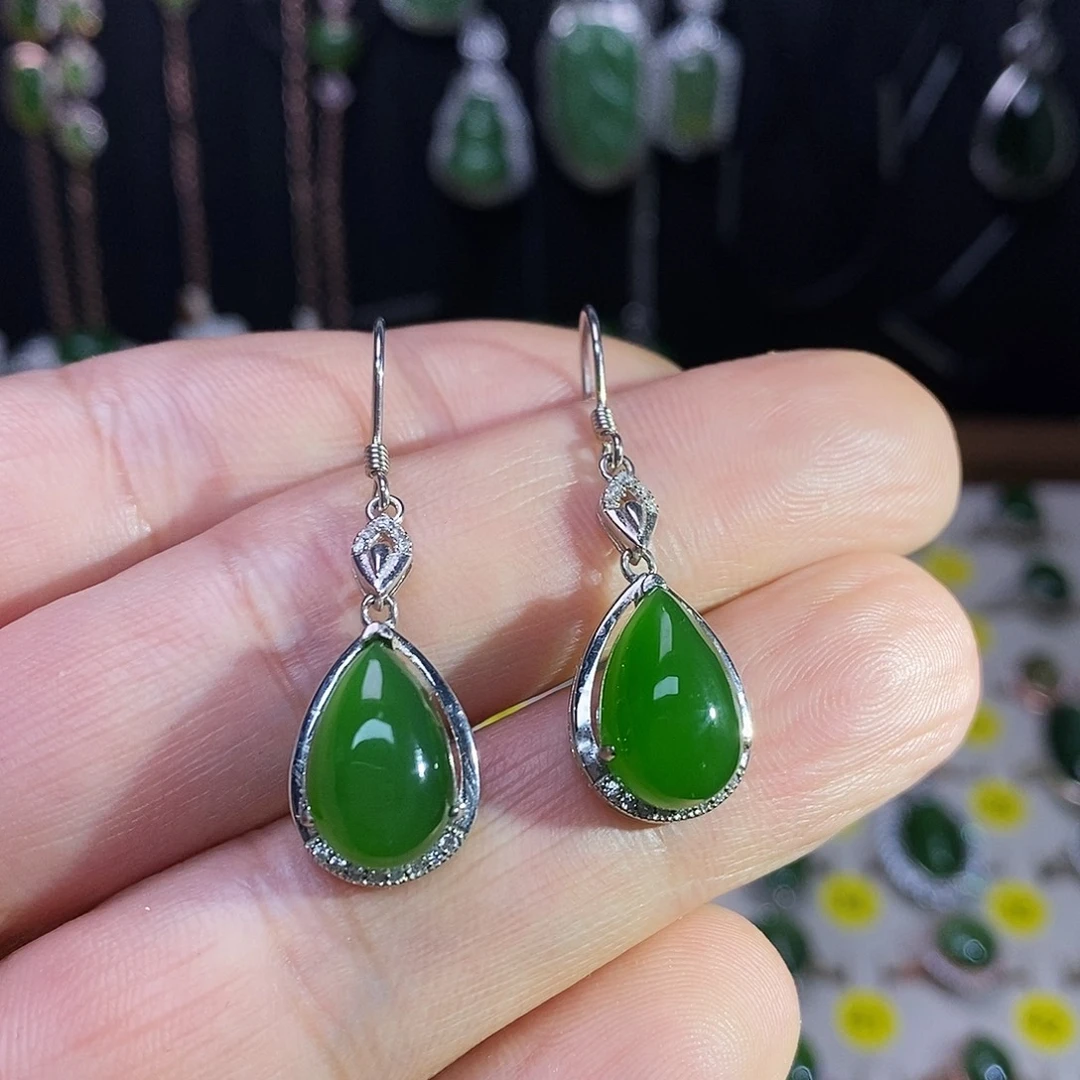 和田玉（碧玉）银S925镶嵌耳饰