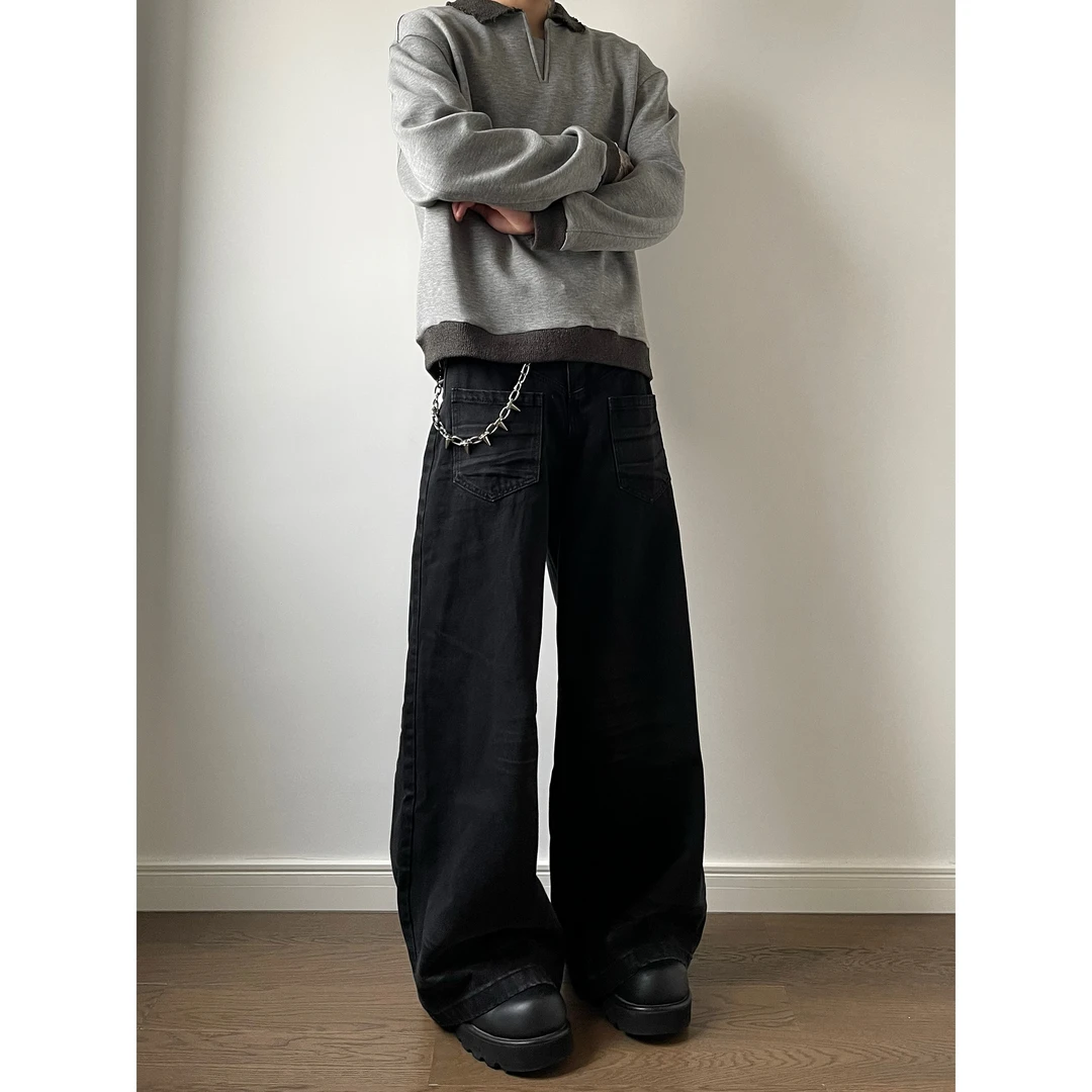 DAYAOBUTAIG美式复古高级感翻转褶皱黑牛仔裤宽松男女阔腿直筒裤