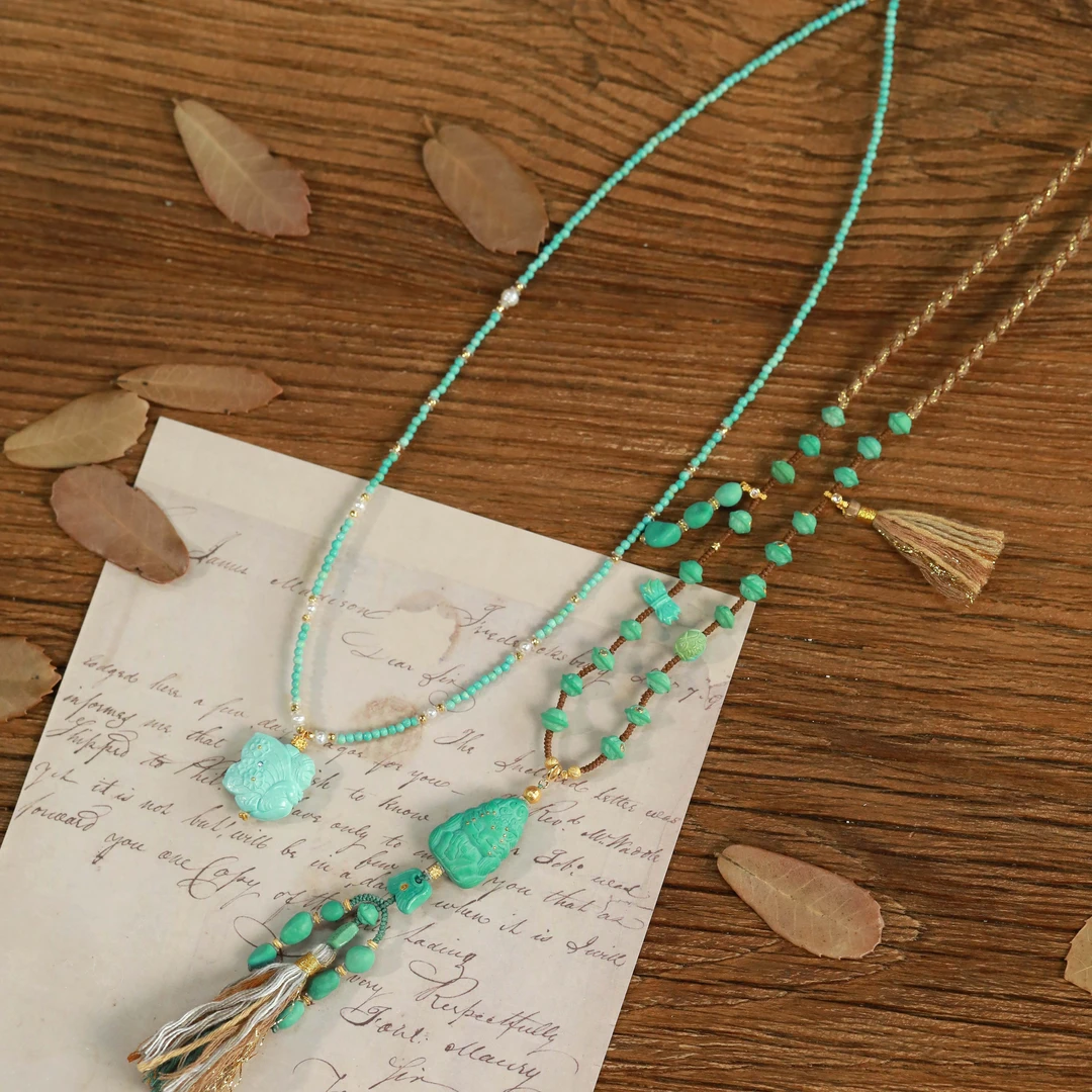 霖泽|绿松石蝴蝶仙子小狐狸锁骨链项链配饰18k金复古国风气质1226