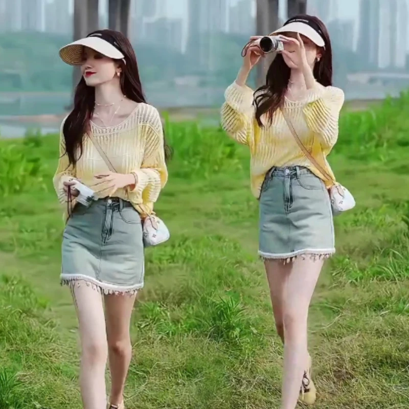 韩版圆领宽松显瘦百搭镂空渐变针织长袖上衣显瘦牛仔A半身裙女装