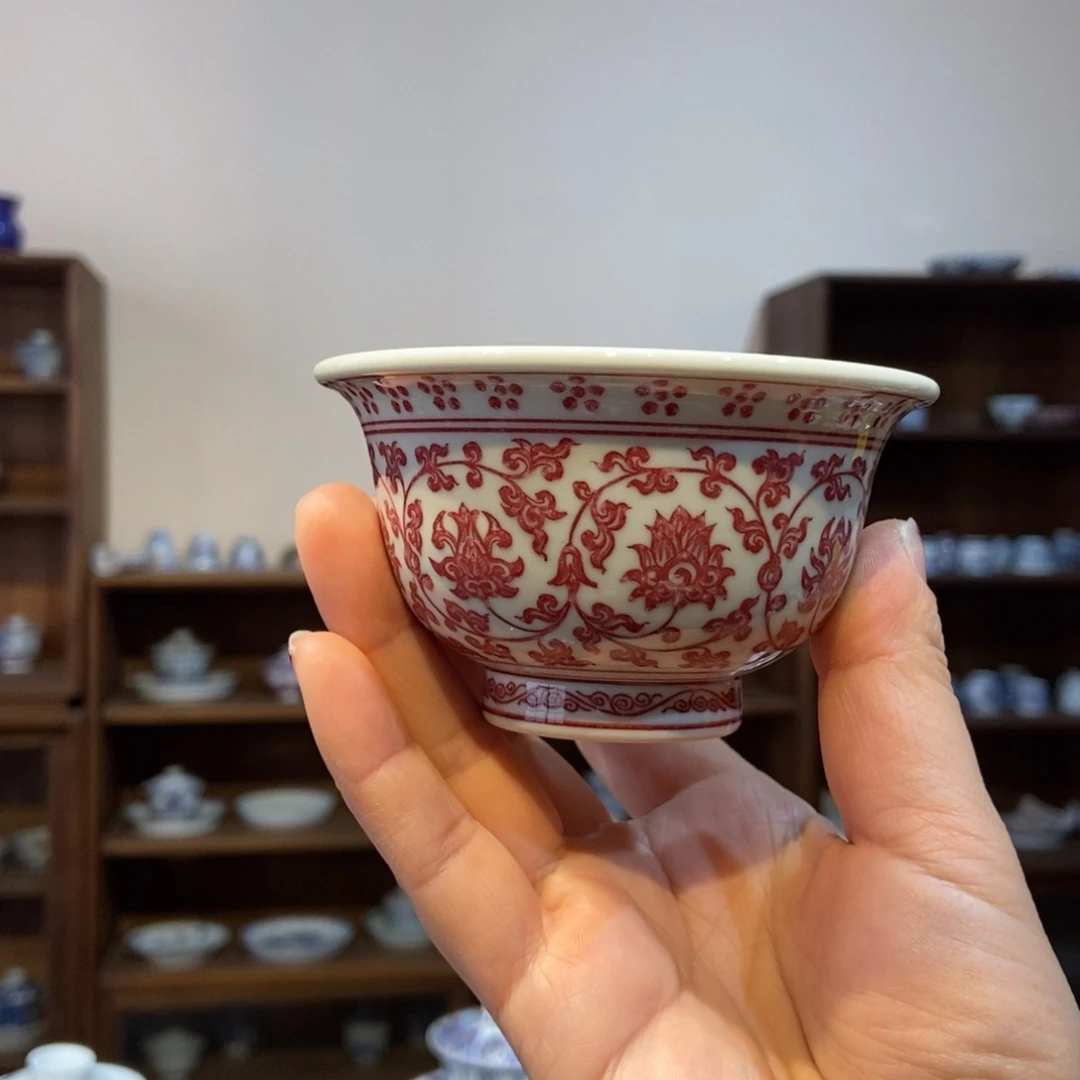 杯w正绎堂全红缠枝莲压手杯