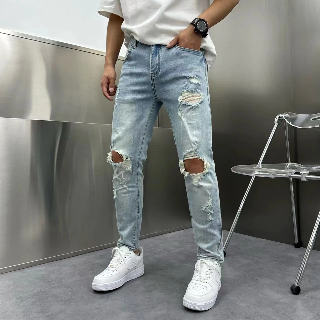 春夏男士牛仔裤男款夏季薄款修身小脚弹力破洞浅蓝色男裤子7737