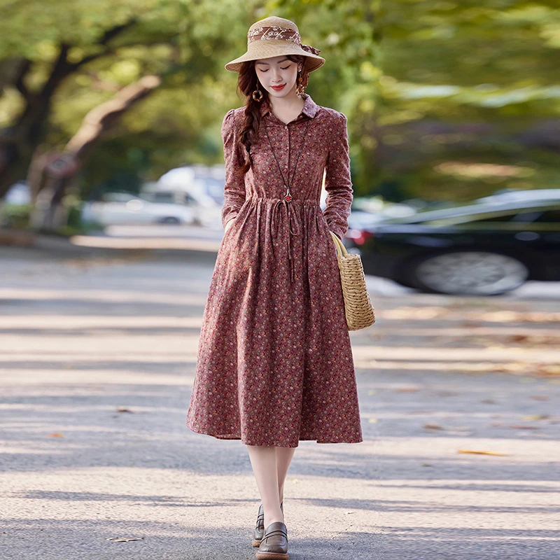 2024秋新款女装收腰打底中长款文艺复古系带碎花时尚连衣裙裙子