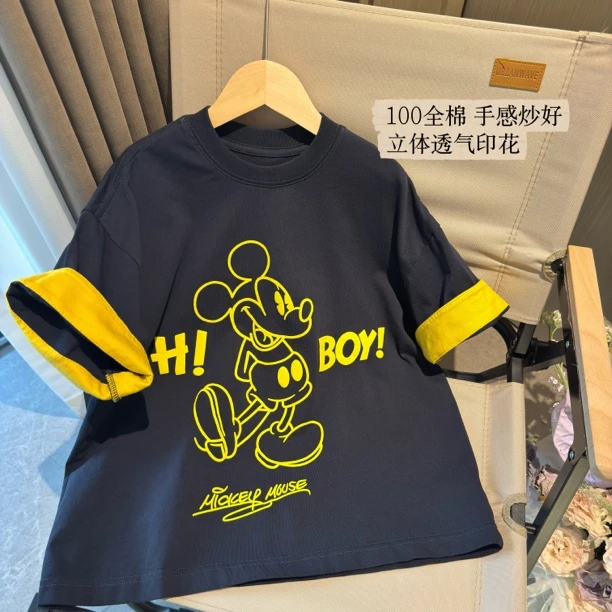 男童黑蓝色纯棉短袖T恤韩版宽松立体印花袖口翻边洋气螺纹领口t