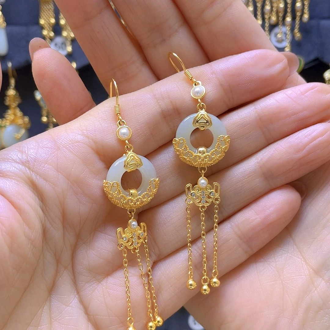 和田玉银S925镀金镶嵌耳饰