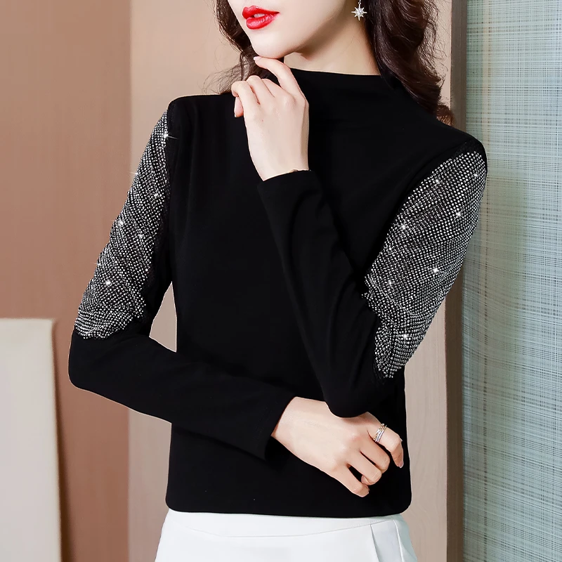 半高领烫钻网纱打底衫女内搭2025秋新款高端长袖T恤气质小衫上衣