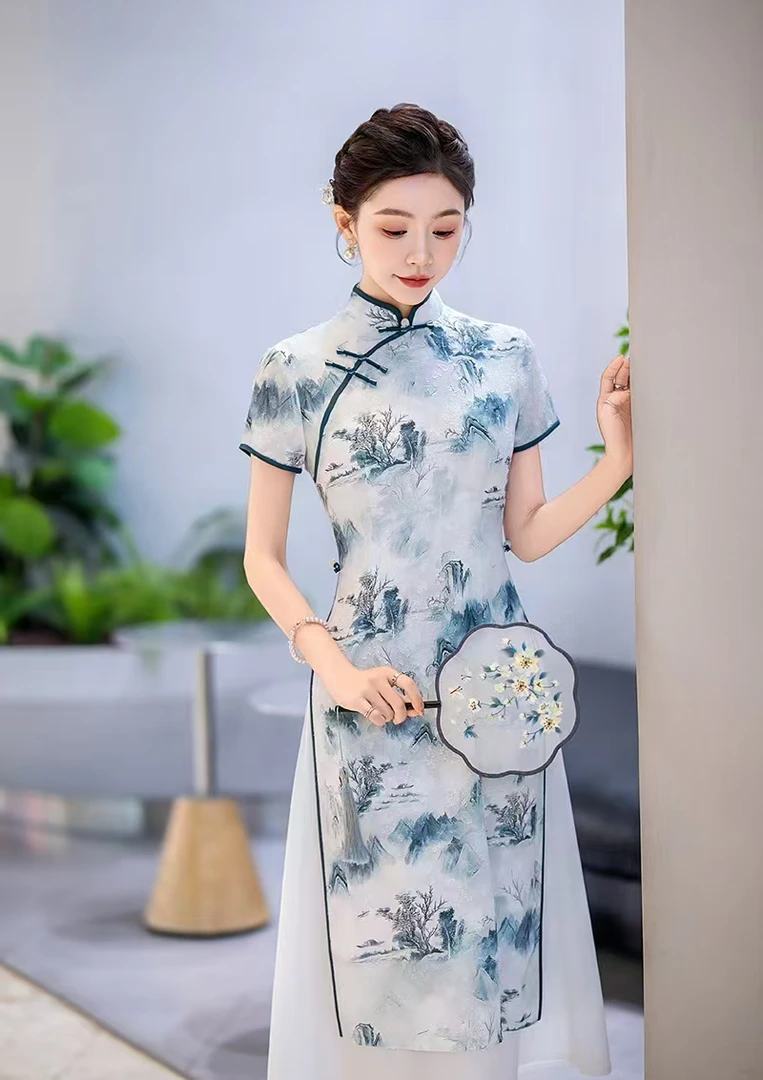 柏芝 日常气质文艺国风优雅长款奥黛旗袍