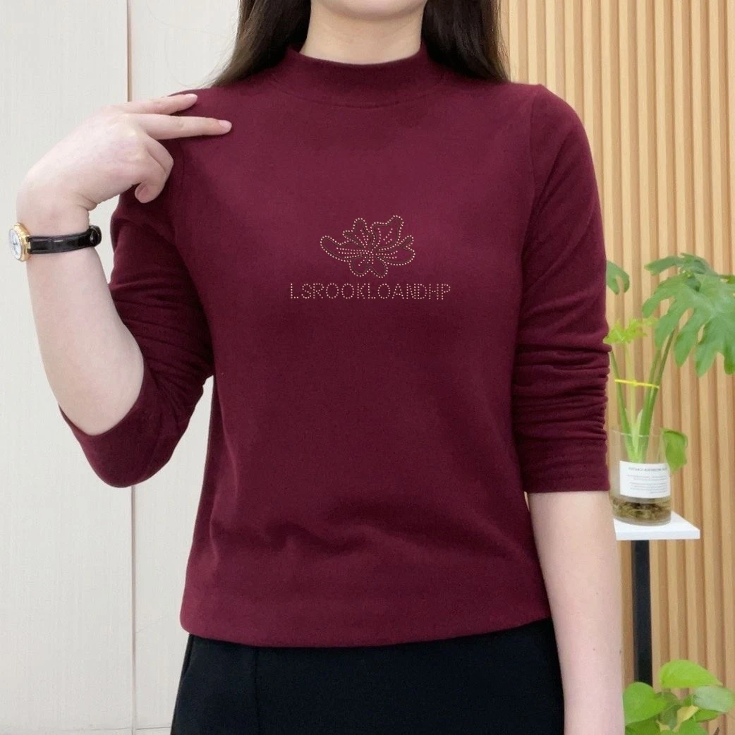 2025秋冬季新款德绒加厚半高领重工烫钻打底衫中老年妈妈装上衣女