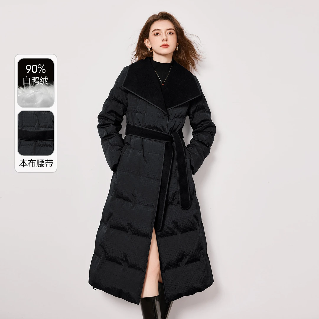 她池2025冬装绵羊毛女装长款翻领长袖宽松款90羽绒服T54B8005YA