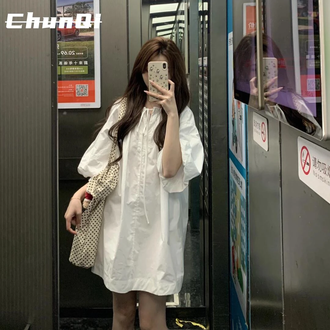 淳启白色短袖衬衫连衣裙女夏季裙子小个子宽松慵懒设计感小众上衣