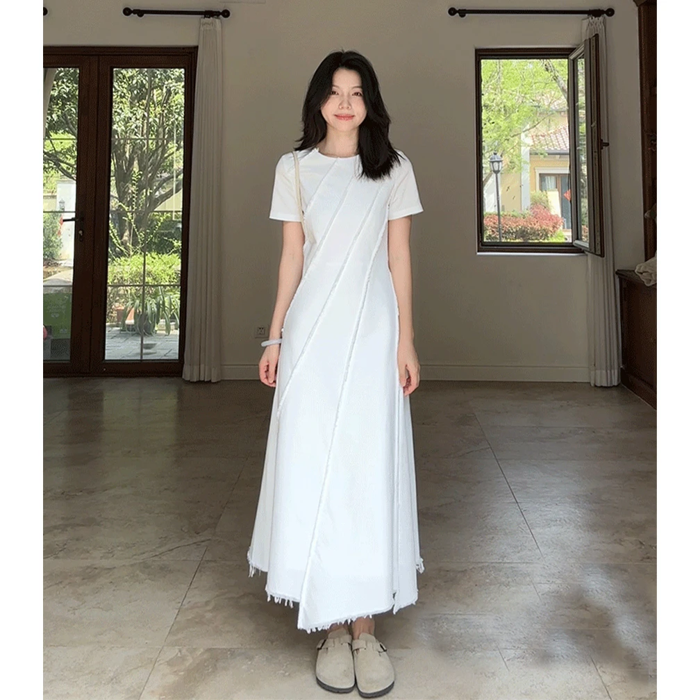 法式不规则拼接无袖连衣裙女夏季白色优雅气质收腰显瘦高级长裙子
