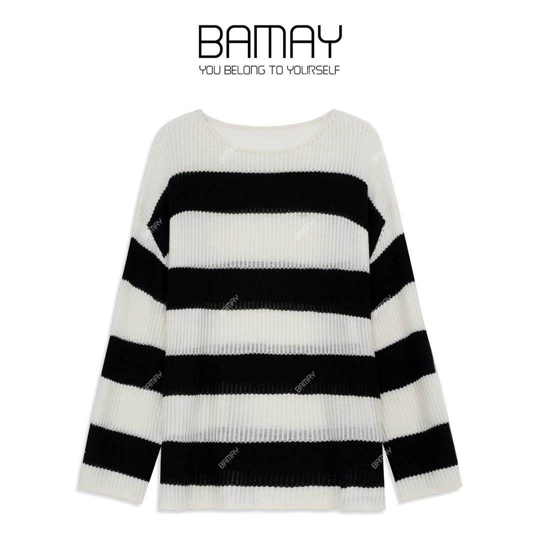 【BAMAY】春季新款宽松休闲黑白条纹长袖针织透气打底BM251MY018CM