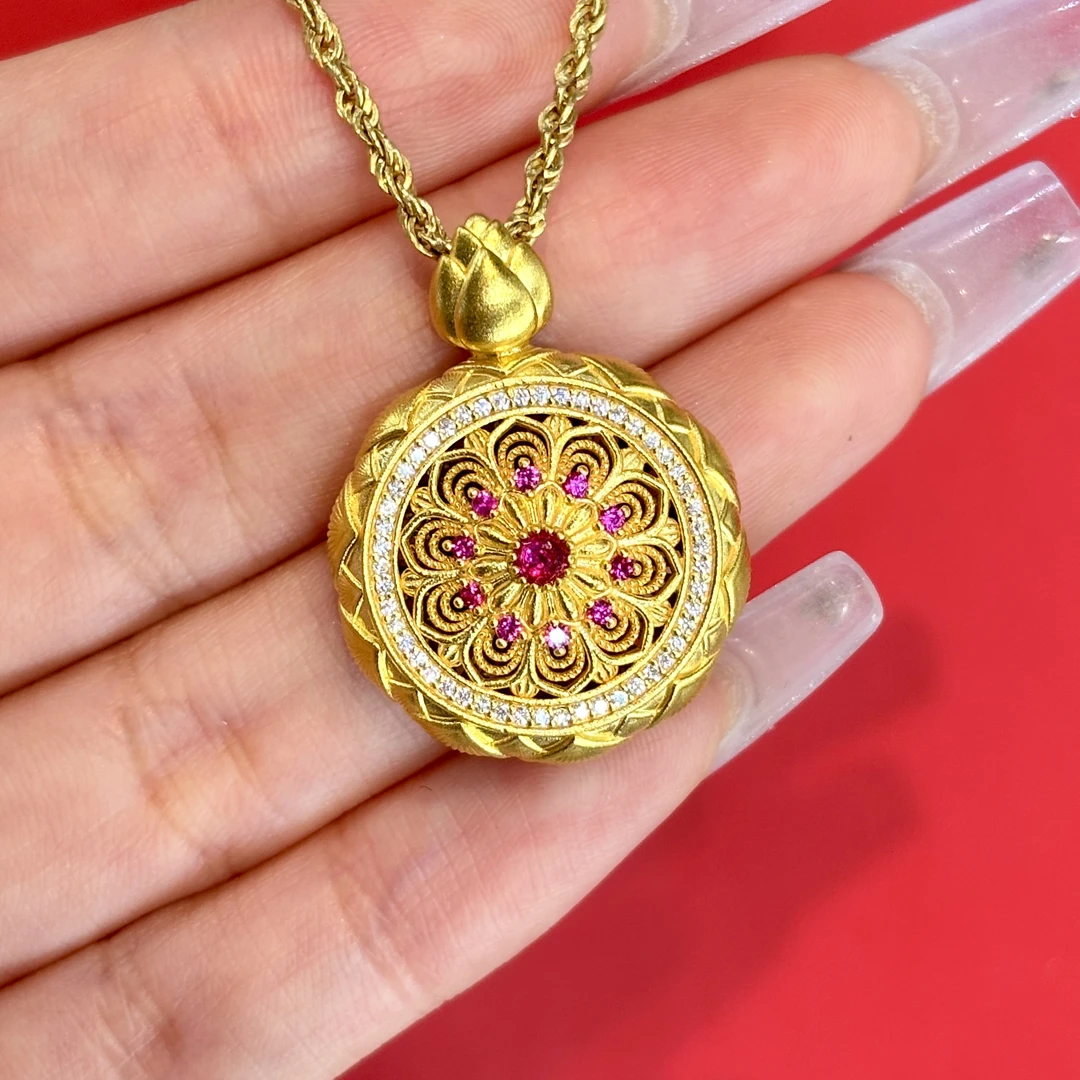 【小洁专属】足金999红宝莲花鼓圆牌罗盘（不含链）（克重不足补差）