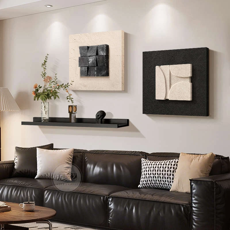 立体实木中古风客厅装饰画简约高级感沙发背景墙挂画置物架组合画